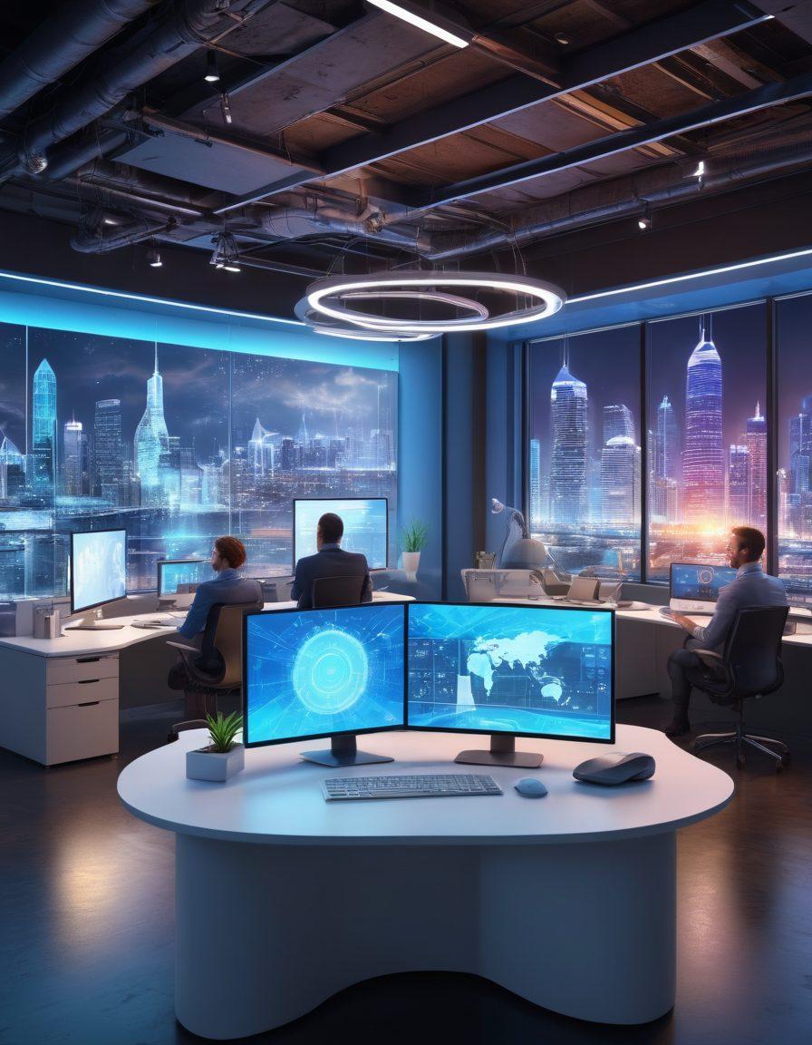 A futuristic office environment showcasing innovative technology and brainstorming sessions, with diverse professionals collaborating over digital devices, blueprints, and holographic displays. Incorporate elements that represent creativity, such as lightbulbs and gears transforming into one another. The background should depict a skyline of a modern city to symbolize growth and transformation. super-realistic. vibrant colors. 3D.