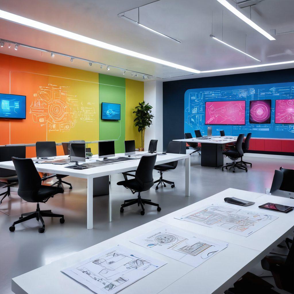 A sleek, modern workspace showcasing the journey from design sketches to digital development, featuring designers collaborating over a large table filled with innovative prototypes and digital screens displaying futuristic technologies. Background highlights cutting-edge tools and vibrant brainstorming sessions, symbolizing creativity and innovation. Bright colors representing energy and innovation. super-realistic. vibrant colors.
